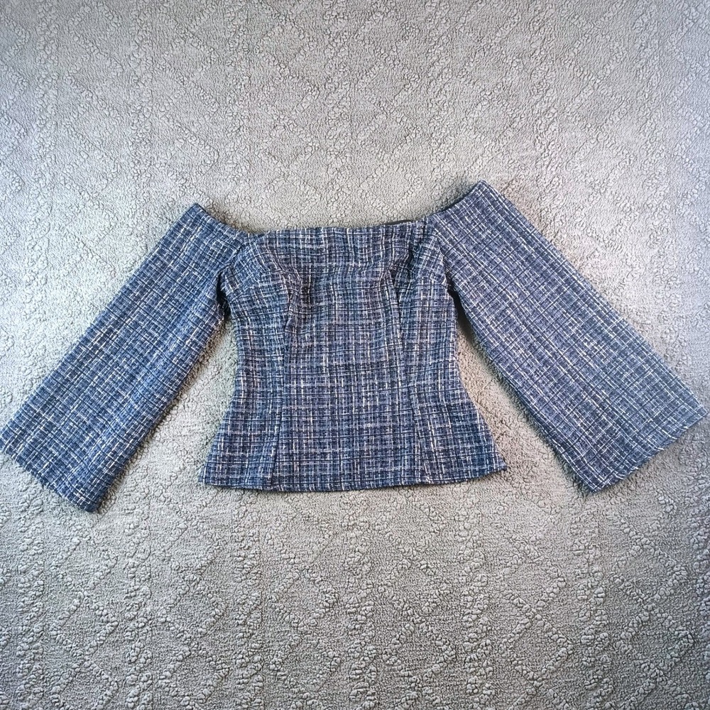 Zara Blue White Size Small Tweed Off The Shoulder Bell Sleeve Top NWT